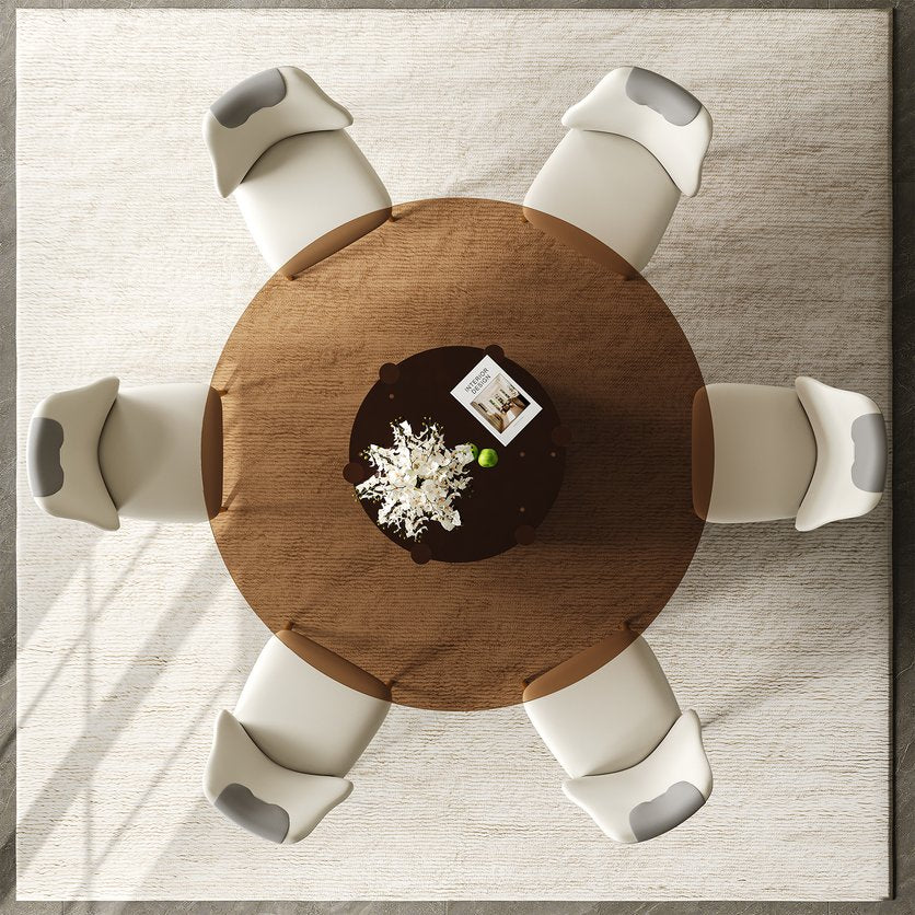 English Elm 59-Inch Modern Round Dining Table Set With 6 Chairs - Elegant Dark Brown Glass Top & Copper Legs W509S00147