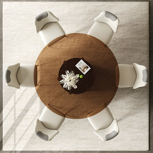 English Elm 59-Inch Modern Round Dining Table Set With 6 Chairs - Elegant Dark Brown Glass Top & Copper Legs W509S00147