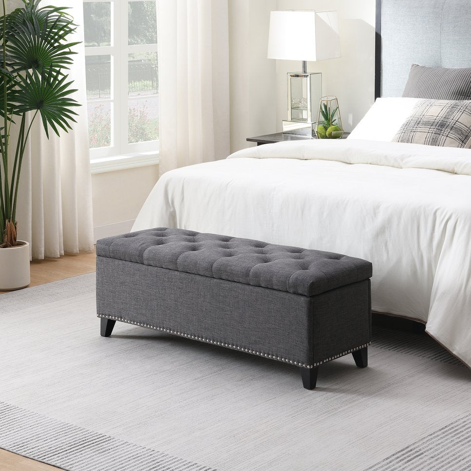 English Elm 47.5" Storage Ottoman Bench with Hidden Storage, Button-Tufted Linen Look, Nailhead Accent Seating and 500lb Support DARK GREY W2671P369190