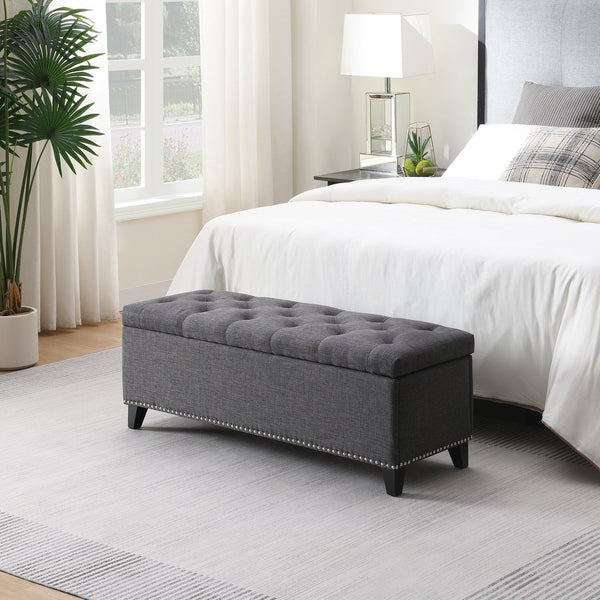 English Elm 47.5" Storage Ottoman Bench with Hidden Storage, Button-Tufted Linen Look, Nailhead Accent Seating and 500lb Support DARK GREY W2671P369190