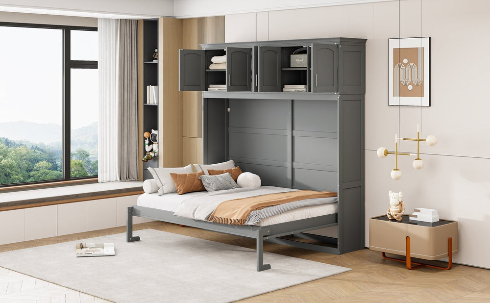 English Elm Full Size Murphy Wall Bed with Top Cabinet Storage for Studio or Guest Room LP006664AAE-1