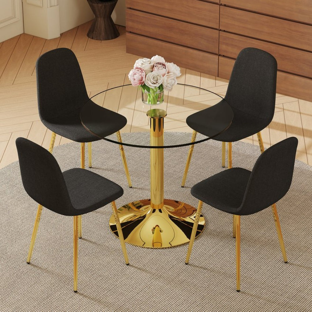English Elm Table And Chair Set - 35" Round Transparent Tempered Glass Top With Gold Metal Base & 4 Black Chairs W1151S03700-GIGA