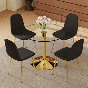 English Elm Table And Chair Set - 35" Round Transparent Tempered Glass Top With Gold Metal Base & 4 Black Chairs W1151S03700-GIGA