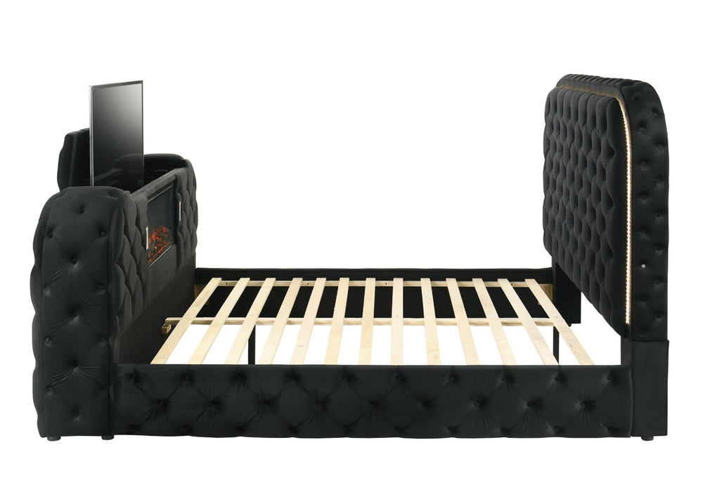 English Elm Black Velvet Tufted Queen Bed with Led Lighting Fireplace and Motorized Tv Lift B2756S00009
