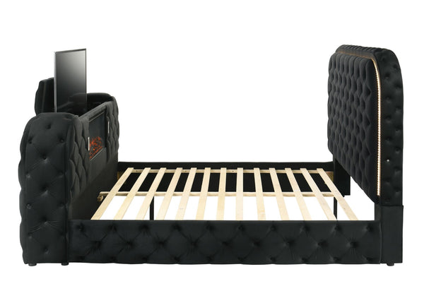 English Elm Black Velvet Tufted Queen Bed with Led Lighting Fireplace and Motorized Tv Lift B2756S00009