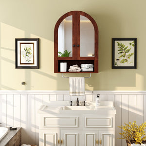 English Elm Wall Mounted Arched Cabinet Tempered Glass Doors Led Lighting Adjustable Shelves Bathroom Brown T3210P471559