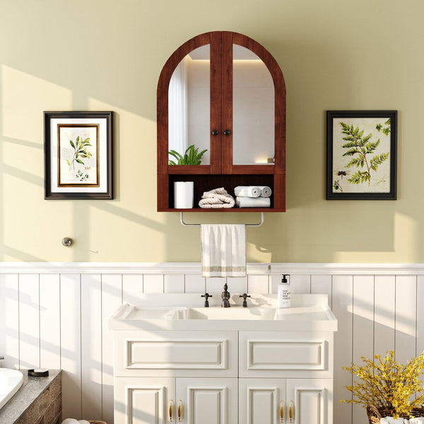 English Elm Wall Mounted Arched Cabinet Tempered Glass Doors Led Lighting Adjustable Shelves Bathroom Brown T3210P471559
