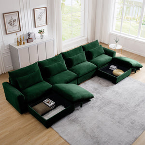 English Elm Big Deep Seat U-Shaped Corduroy Sectional Sofa with Storage Ottomans & Lumbar Pillows, Cozy Modular Design Green W714S00674
