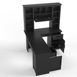 English Elm L-shaped Home Office Desk with Open Shelves Flip Shelf Cabinets and Drawer Storage Black W1580S00493