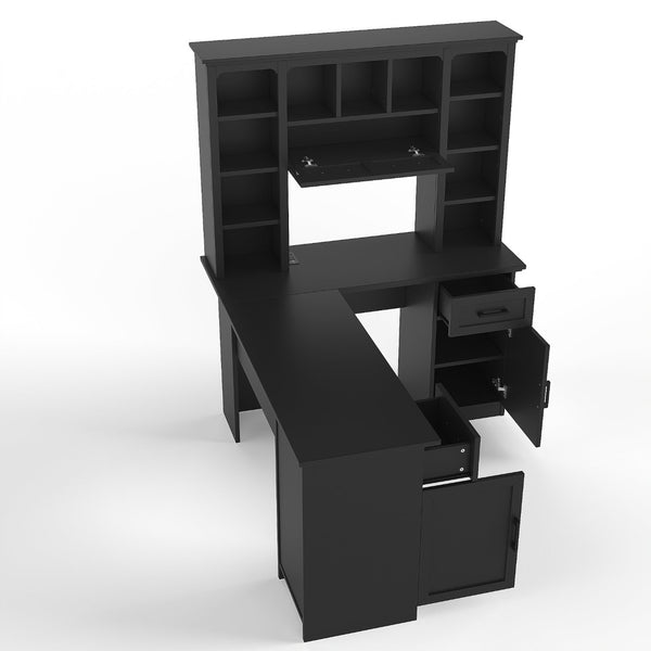 English Elm L-shaped Home Office Desk with Open Shelves Flip Shelf Cabinets and Drawer Storage Black W1580S00493