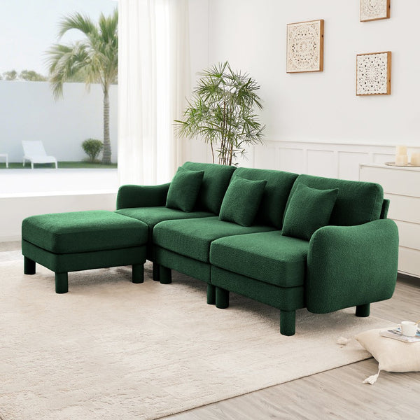 English Elm Boucle Fabric Convertible L-Shaped Sectional Sofa With Shell Armrests, Removable Ottoman, Green Chic Design W3041S00309