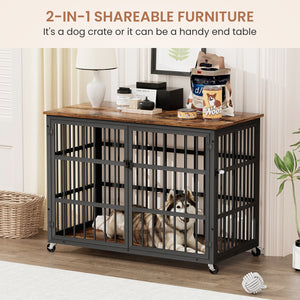 English Elm Furniture style dog crate with sturdy steel frame, particle board top for 150lb storage, fits dogs up to 70lb Rustic Brown W1162119831