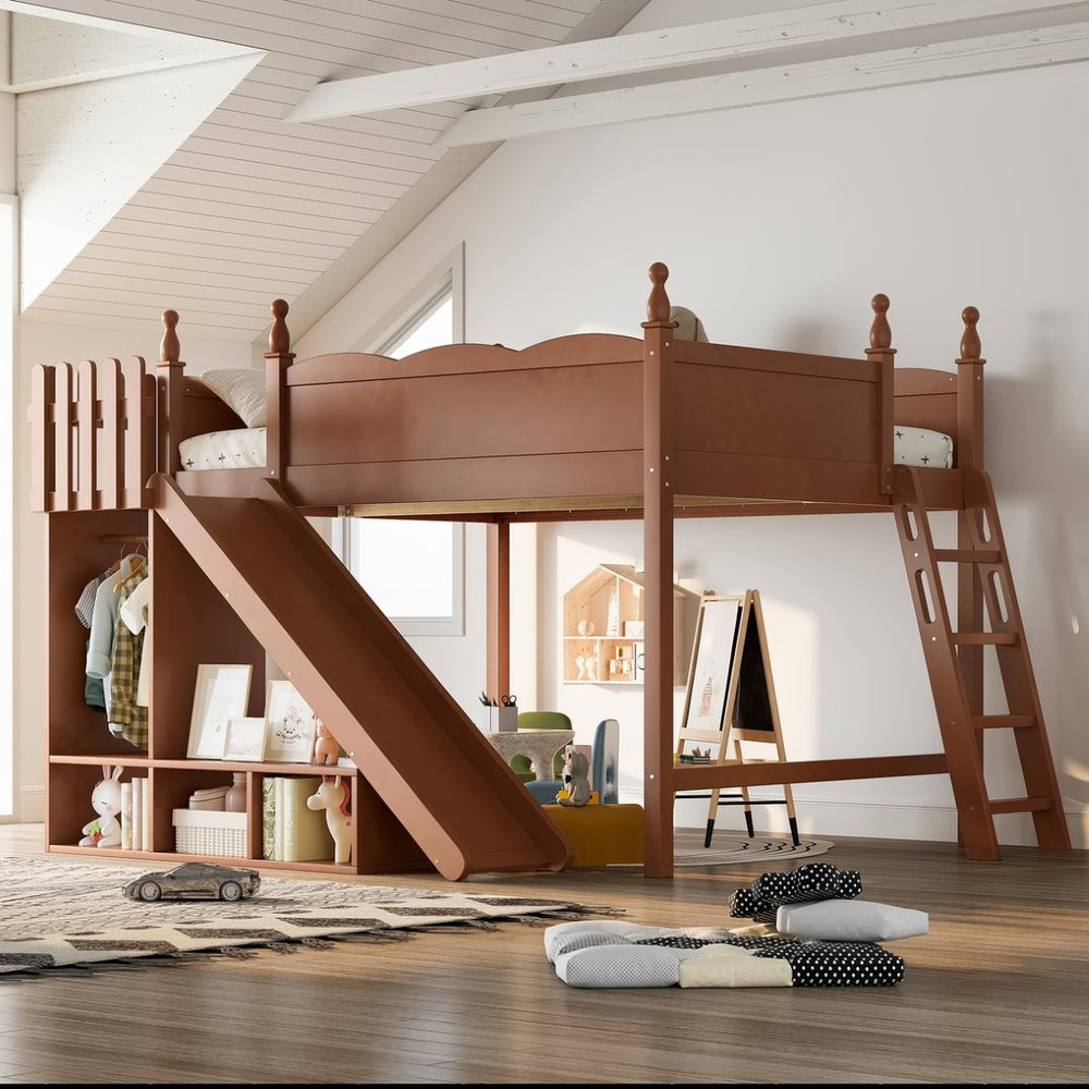 English Elm Queen Solid Pine Loft Bed with Wardrobe Shelves Detachable Slide and Dual Sleeping Zones Antique Natural W5305S00030