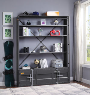 English Elm Cargo Gunmetal Industrial Bookcase w/Removable Ladder, 4 Open Compartments, 2 Doors, Metal Cargo Container Style Lock B2726P285840