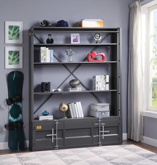 English Elm Cargo Gunmetal Industrial Bookcase w/Removable Ladder, 4 Open Compartments, 2 Doors, Metal Cargo Container Style Lock B2726P285840
