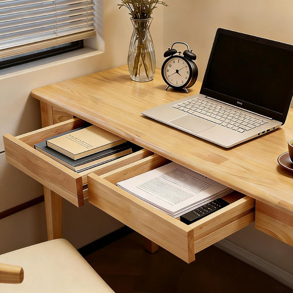 English Elm Solid Wood Mid-century Writing Desk with Two Drawers for Home Office or Bedroom W3204P445617