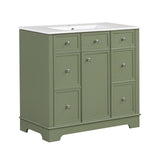 English Elm 36" Bathroom Vanity With Sink, One Cabinet With Three Drawers and One Flip Drawer, Solid Wood and Mdf Board, Green