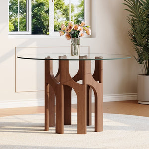 English Elm Round Tempered Glass Dining Table Sculptural Geometric Mdf Base Seats Four Compact Walnut W3875P387156