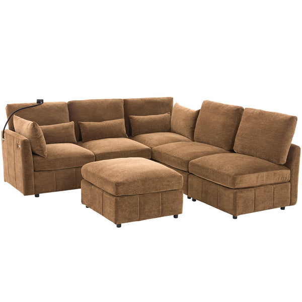 English Elm Modern Sectional Sofa: Versatile Modular Couch With Ottoman, Usb Ports & Phone Holder For Living Room N719S002050D