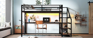 English Elm Queen Loft Bed With Desk, Storage Stairs, Led Lights & Usb Ports – Perfect For Modern Living Spaces! W1580S00477-GIGA