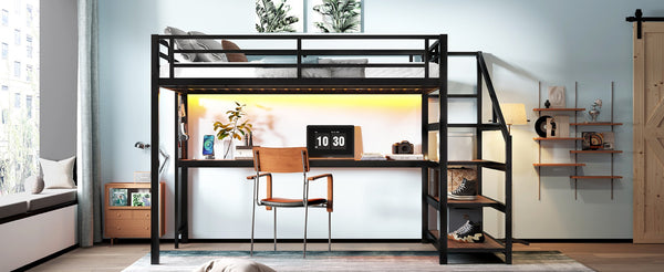 English Elm Queen Loft Bed With Desk, Storage Stairs, Led Lights & Usb Ports – Perfect For Modern Living Spaces! W1580S00477-GIGA