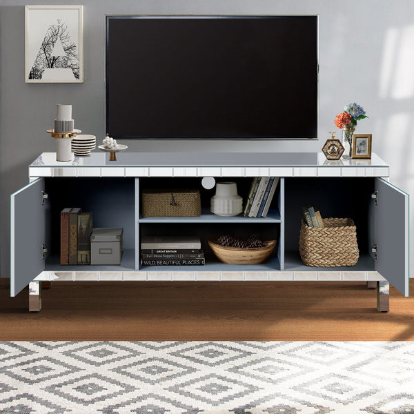 English Elm Mirrored Tv Stand For 65+ Inch Tvs - Glamorous Silver Console With Open Shelves & Stylish Cabinets W1445P204028