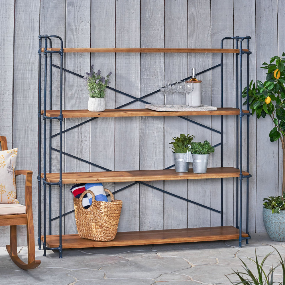 English Elm Christopher Knight Home® - YORKTOWN Industrial 4-Shelf Bookcase in Natural Wood & Black Frame — Sturdy Fir Shelves, Etagere Display 56501.00