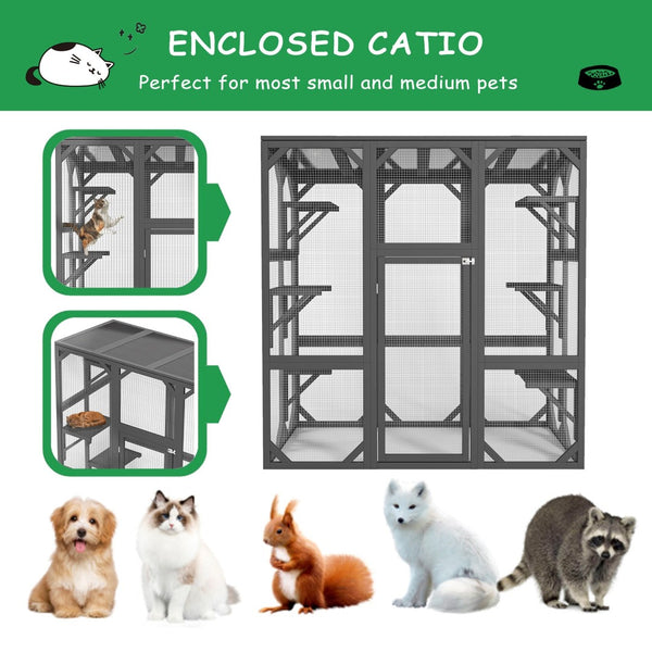 English Elm Catio Wooden Outdoor Cat Enclosure Six Tier Climbing Habitat with Waterproof Polycarbonate Roof W1850P188227