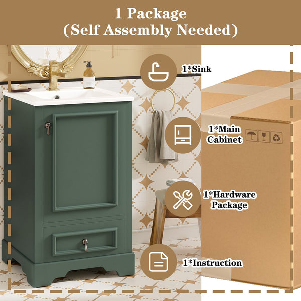 English Elm 20 Inch Bathroom Vanity with Ceramic Sink, Soft-Close Door, Adjustable Shelf, Smart Storage Organizing Design Green N729P299505F