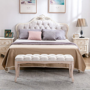 English Elm Bedroom Bench Tufted Linen Seat with Carved Distressed Wood Legs French Country Style Beige W3244P493647