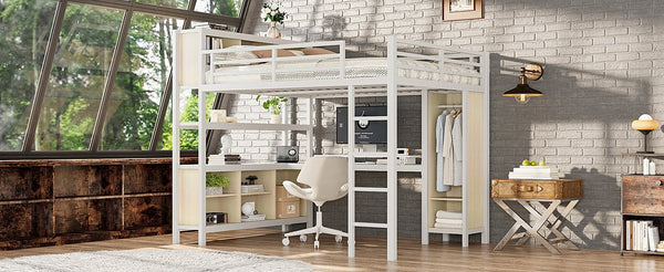 English Elm Metal Queen Loft Bed With L-Shaped Desk, Wardrobe & Storage Cubes - Perfect For Small Spaces! W1580S00183