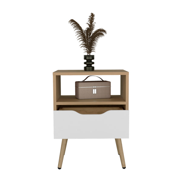English Elm Wenden 21" High Nightstand with Drawer & Open Shelf, Two-Tone Natural Oak & White, Compact Chic B200P335299
