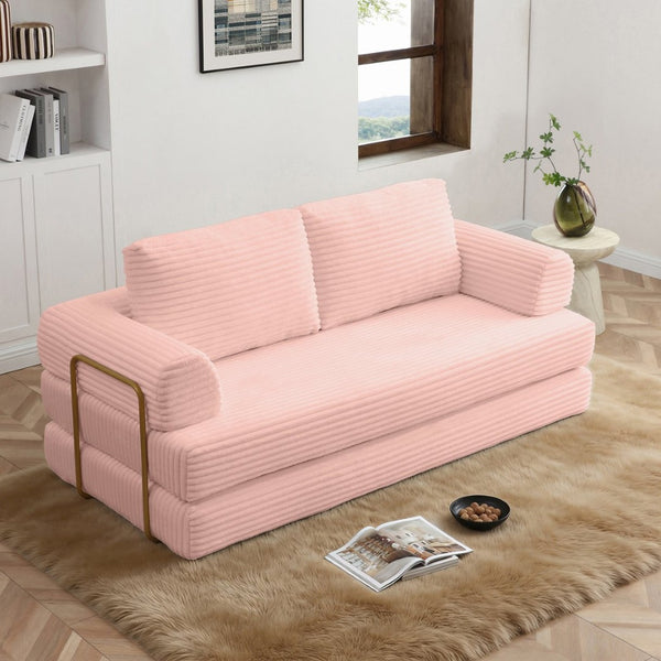English Elm Convertible Floor Sofa Futon with Corduroy Upholstery for Living Room Lounging and Sleeping Pink W1117P434734
