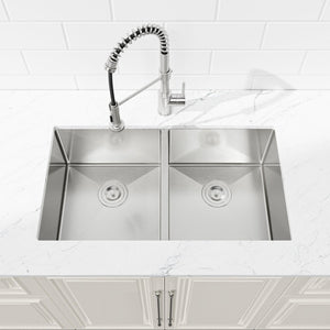 English Elm 33"x19" Handmade Stainless Steel Undermount Double Bowl Sink for Modern Kitchens T3177P296196