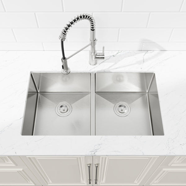 English Elm 33"x19" Handmade Stainless Steel Undermount Double Bowl Sink for Modern Kitchens T3177P296196