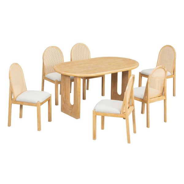 English Elm Trexm Farmhouse Oval Dining Set Seats Six with Rattan Back Chairs Oak Veneer Table Beige,Natural ST000157AAD