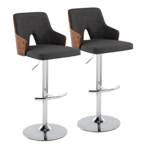 English Elm Stella Adjustable Barstool Set Of 2 With Swivel, Chrome Base, Walnut Wood & Charcoal Fabric Comfort B202S01010-GIGA