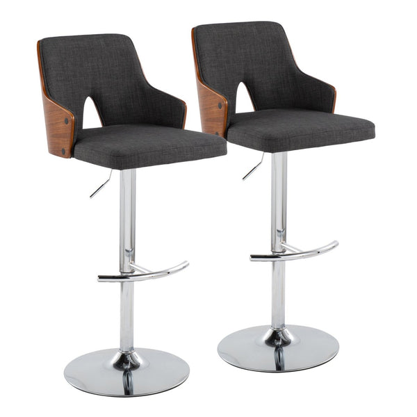 English Elm Stella Adjustable Barstool Set Of 2 With Swivel, Chrome Base, Walnut Wood & Charcoal Fabric Comfort B202S01010-GIGA