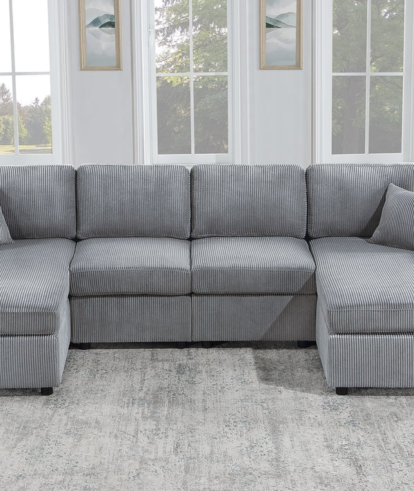English Elm Stunning Corduroy 2pc Sectional Sofa with Dual Chaises, Square Arms, Plush Pillows, Modern Luxe Fog 69 L x 35 W x 18 H B011S01238