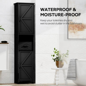 English Elm 69" Tall Bathroom Storage Cabinet with Barn Doors and Drawer, Slim 7-Shelf Floor Unit for Small Spaces Black W3457P336684