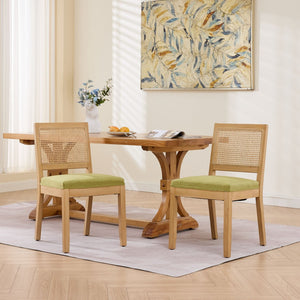 English Elm Farmhouse Rattan Back Dining Chairs Set of 2 with Linen Seat and Hardwood Legs Olive Green W1143P452936