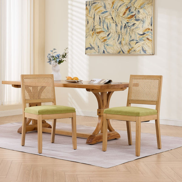 English Elm Farmhouse Rattan Back Dining Chairs Set of 2 with Linen Seat and Hardwood Legs Olive Green W1143P452936