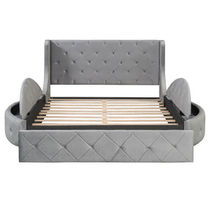 English Elm Upholstered Queen Platform Bed Velvet Wingback Frame with Storage Drawer and Side Stools Gray LP200815AAE