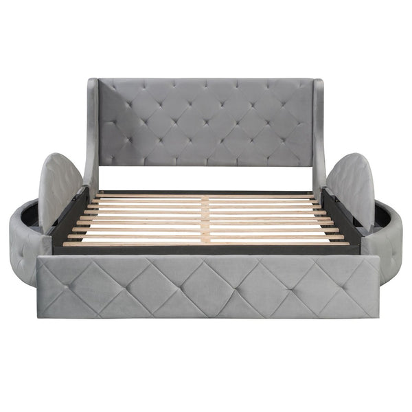 English Elm Upholstered Queen Platform Bed Velvet Wingback Frame with Storage Drawer and Side Stools Gray LP200815AAE