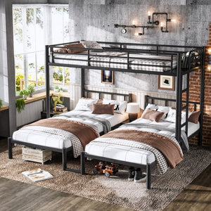 English Elm Twin Triple Bunk Bed Metal L-shaped Frame Sleeps Three Kids White Finish Black W1580S00615