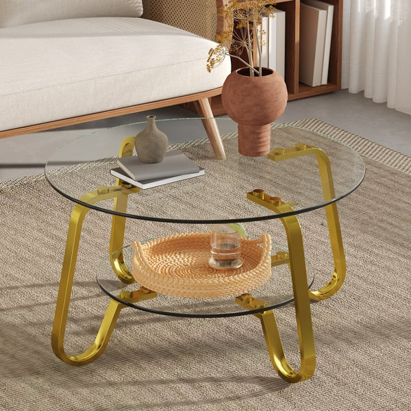 English Elm Retro Industrial Square Coffee Table Dual Tier Tempered Glass and Powder Coated Metal Frame Gold W3875P373155
