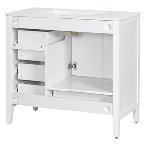 English Elm 36" Solid Pine Bathroom Vanity with Ceramic Sink 4 Soft Close Drawers Vintage Style White N759S293646K