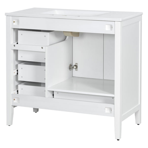 English Elm 36" Solid Pine Bathroom Vanity with Ceramic Sink 4 Soft Close Drawers Vintage Style White N759S293646K