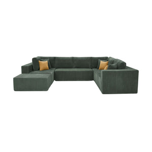 English Elm Full Corduroy Upholstered U-shaped Sectional Sofa with Moveable Ottoman Zero Assembly Dark Green B2748S00054