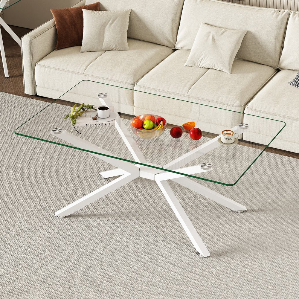 English Elm 39.37" Rectangle Clear Glass Coffee Table With White Metal Legs - Modern Design For Stylish Living Rooms W241P227980